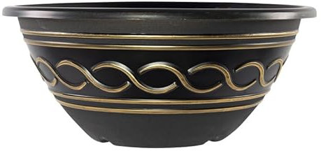 Muddy Hands 16 Litre Black & Gold Decorative Bowl Plant Pot Outdoor Garden Round Plastic Flower Herb Planter (Diameter: 45cm - Height: 19cm)