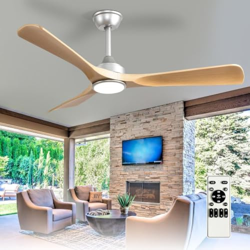 Depuley Ventilateur de plafond silencieux avec éclairage : Lampe LED avec ventilateur pour jardin terrasse - 132CM Grand ventilateur de plafond avec lumière et pour salon restaurant bureau, kaki