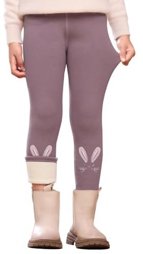 Kfnire Termoleggings för flickor, fodrade vinter med fluffigt foder, varma, mjuka, elastiska storlek 110–150, Kanin_rosa, 140-146