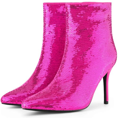 Perphy Women Dressy Sequin Pointed Toe Stiletto Heel Ankle Boots Party | Shiny ABS upper. Lightly padded insole. 4-inch stiletto heel. Versatile for work, date, wedding, cocktail.