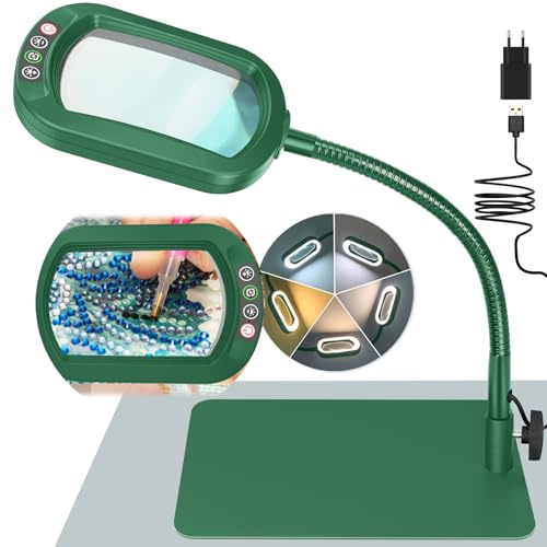 Drdefi 10X Rectangle Lupe mit Licht und Ständer, Echtes Glas Lupenlampe, 5 Farbmodi Stufenlos Dimmbar, Flexible Schwanenhals LED Beleuchtete Schreibtischlampe, Freihändige Lupenleuchte für Lesen Grün