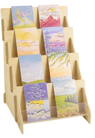 SSYYGET Greeting Card Display Stand, 4 Tier Postcard Display Stand, Portable Card Display Rack, Wooden Retail Display Holder, Magazine Organizer Rack, Sticker Display Stands (4 Tier)