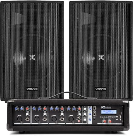 Vonyx Complete PA System with 2x SL10 10” Passive Speakers, PD PDM-C405A Mixer Amplifier & 6m Speaker Cables – 400W Band, Church & Live Music Solution