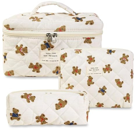 Aucuu 3PCS Set Kosmetiktasche, Reise Kosmetiktasche Set Damen, Kulturtasche Damen mit Blumenmuster, Gesteppte Kulturtasche, Kulturbeutel Make Up Tasche, Tragbare Schminktasche für Mädchen Frauen
