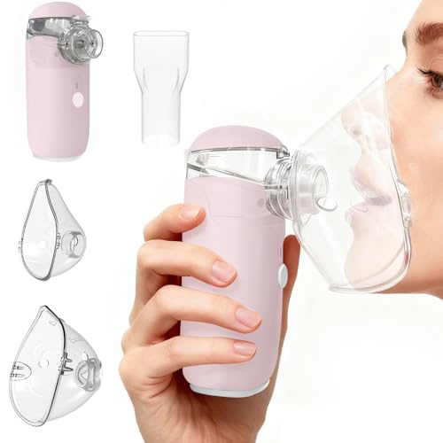 Inhalateur nasal, Nebulisateur portable avec 2 masques et embout buccal, Inhalateur nez pour adultes et enfants avec fonction de recharge, adapté à la maison et aux voyages（Rose）