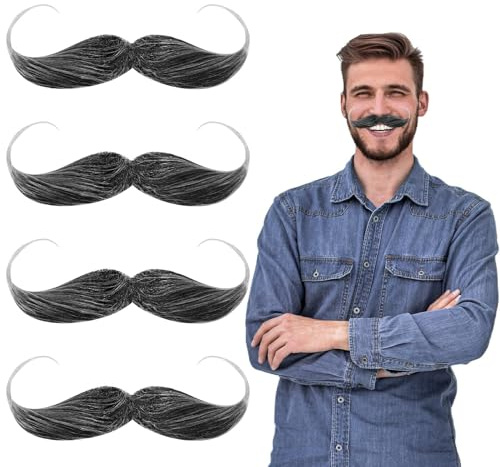 BOARDFEB Schnurrbart zum Ankleben, 4 Stücke Schnurbärte Kleben Realistischer Klebebart Fake Bart zum Ankleben Schwarz Bart Kostüm für Fasching Karneval Halloween Weihnachten Party