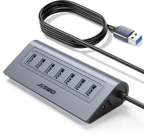 JESWO 7 Port USB Hub 3.0 Aluminium USB Extender Splitter with Multi USB 3.0 | 3.4Ft Cable, USB Multiport Adapter for PC Laptop Compatible All USB-A Devices (Not Included Power Supply)