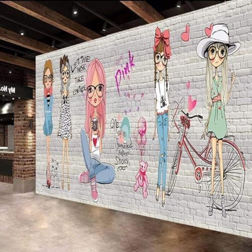 XLMING Cartoon Bunt Niedlich Mädchen Retro Backsteinmauer 3D Tapeten Tapete Seidigkeit Home Esszimmer Möbel Sofa Schlafzimmer Wohnzimmer TV Hintergrund-200cm×140cm