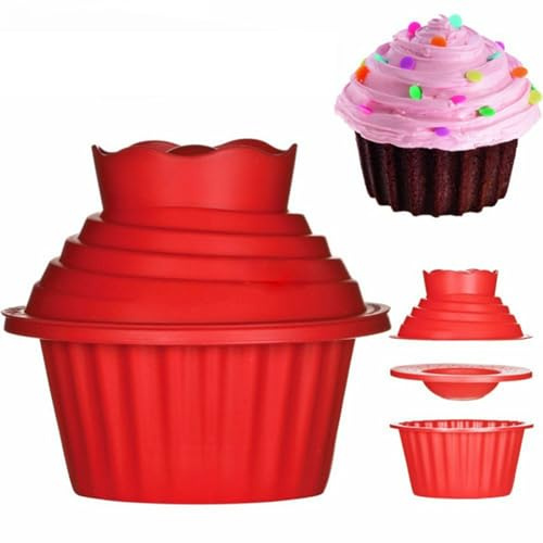 Giant Cupcake Mold 3-Pack, Jumbo Silicone Cupcake Baking Set for Easy Decorating, Non-Stick Large Cake Pan for Oven, Microwave & Freezer, Reusable Home Bakeware Kit (7.09 x 7.49 Inch) (Red)