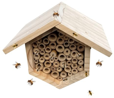 Bee House - Bihus med häckningsrör i naturligt trä | handgjort insektshotell | för trädgård, , gräsmatta, balkong, utomhus- och inomhusdekoration, bihotell