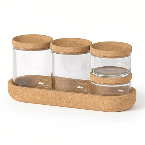 GEEZY 5 Piece Storage Jars with Lids, Apothecary Makeup Organiser Set - 4 Containers with Cork Base - Cotton Pad & Bud Holder, Vanity Storage for Bathroom, Dressing Table, Skincare, Hair Accessories