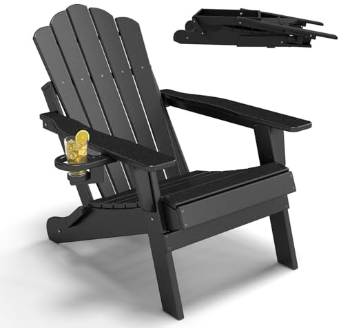 Freelawn Adirondack Chair Kunststoff, klappbar, Gartenstuhl Schwarz | HDPE Kunststoff, wetterfester Adirondack Stuhl mit Getränkehalter, ideal für Garten, Terrasse und Outdoor-Bereiche