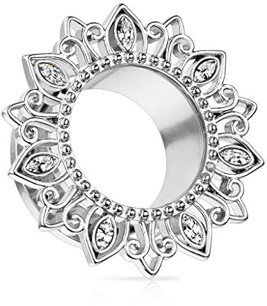 beyoutifulthings Ohr-Tunnel Blume Zirkonia Silber Gold Clear Rot Ohr-Piercing Edelstahl Ohr-Schmuck Screw Fit Flesh Plug Schraub-Verschluss 6-25mm