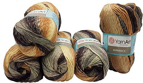 5 x 100 g YarnArt Ambiance Strickwolle mehrfarbig mit Farbverlauf, 500 Gramm Strickgarn mit 20% Wolle-Anteil (braun beige creme 151)