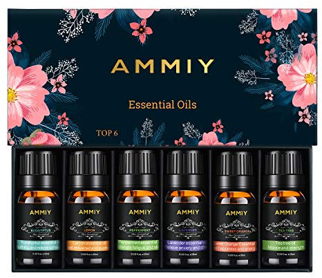 AMMIY Essential Oils Set of 6 x 10ml for Aromatherapy Bath Spa Diffuser Fragrance Relaxing Scent, Pure, Natural, Vegan Oils Including Eucalyptus, Lemon, Peppermint, Lavender, Sweet Orange, Tea Tree