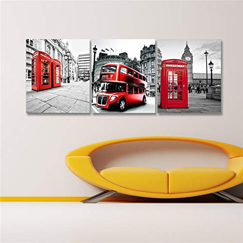 XIANGPEIFBH Schwarz Weiß Wandkunst London Rot Bus Malerei Telefonzelle Poster Wandbilder für Wohnzimmer Dekoration Salon 20x30cmx3pcs Ungerahmt