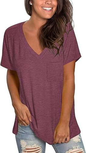MOLERANI Camiseta para Mujer con Cuello en V Top de Manga Corta Camisetas básicas Sueltas Casual Wine Red M