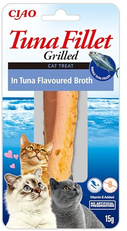 INABA Filetti di Tonno Grigliato per Gatti, in Brodo al Gusto di Tonno - Snack Gatto Ricco di Antiossidanti, Senza Conservanti o Coloranti Artificiali, Grain-Free - Cibo per Gatti, 1 Filetto x 15 gr