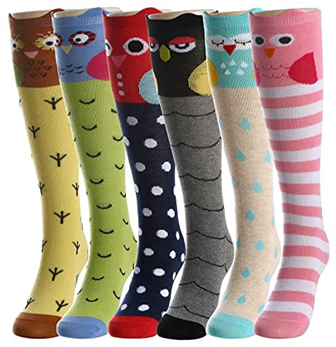 6 Paar Mädchen Kniestrümpfe - Cartoon Design Warme Baumwollkniestrümpfe Mittler-Wadenstiefel Socken Lustige Socken für 3-12 Jahre Mädchen Geburtstag - Einheitsgröße