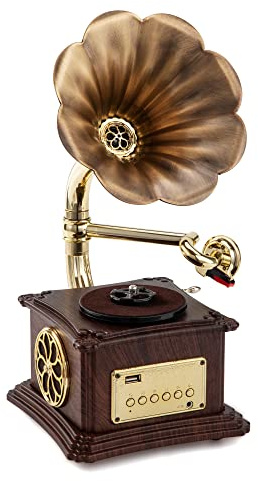 Mini Gramophone Vintage Copper Horn Record Player with Bluetooth, USB, AUX, FM Radio and Built-in Speakers for Gift Home Decor