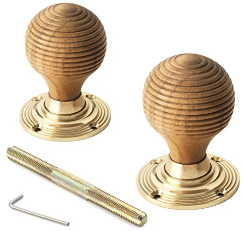 A.B Hardware 1 Pair of Teak & Brass Beehive Wooden Wood Mortice Rim Door Knob Knobs Pairs