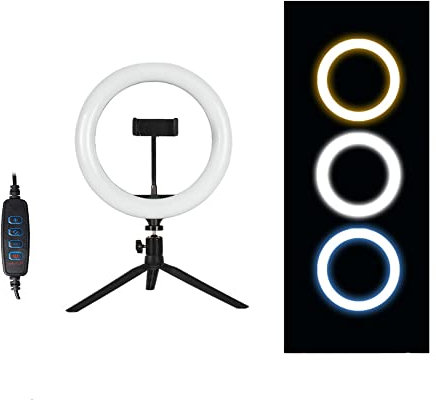 ZONADAH 10in 3 Colors 10 Brightness Levels Makeup Ring Light, Tripod Stand Phone Holder, Portable Desktop Floor LED Circle Lamp, for Streaming, Online Meetings, Social Media Videos,Videography