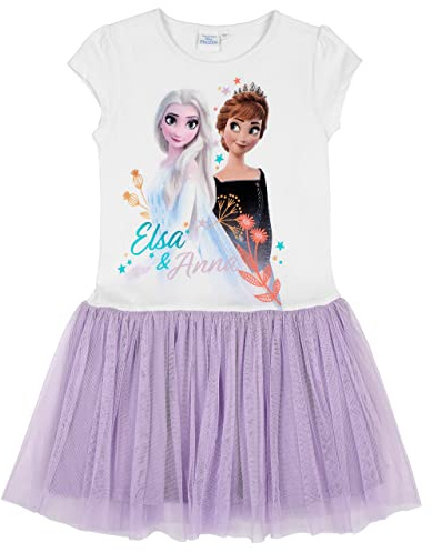 Disney Eiskönigin 2 Kleid Anna und ELSA Kurzarm (Weiss-Lila, 128)