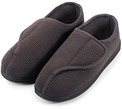 LongBay Men's Memory Foam Diabetic Slippers Comfy Warm Plush Fleece Arthritis Edema Swollen House Shoes (12, Dark Gray)