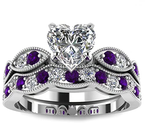 Jeulia 3 Carat CZ Solitaire Engagement Rings Halo Milgrain Heart Cut Sterling Silver Ring Set Promise Engagement Wedding Anniversary Rings Bridal Sets for Women (Purple, 7)