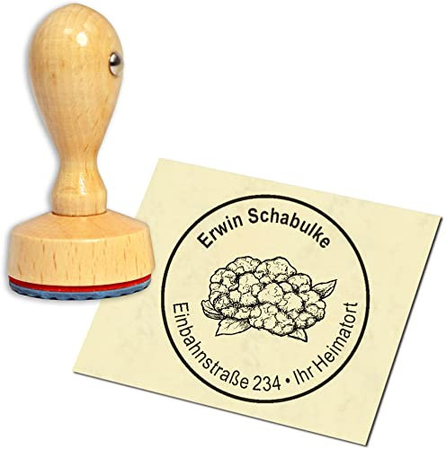 Stempel Adressstempel Holzstempel - Blumenkohl - rund ∅ 40mm personalisiert als Firmenstempel Namensstempel Bürostempel