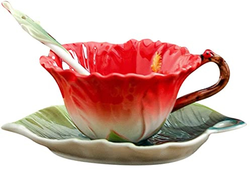 Beddinginn Bunte Teetassen und Untertassen, Sonnenblumen-Kaffeetasse und Untertassen-Set mit Löffel, handgefertigtes Teeset aus Porzellan (rot)