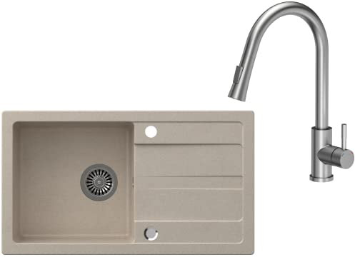 VBChome Spülbecken mit Armatur Beige 77 x 43,5 cm Granit Einzelbecken Einbauspüle Abtroffläche Gesprenkelt Reversibel Verbundspüle Küchenarmatur + Siphon