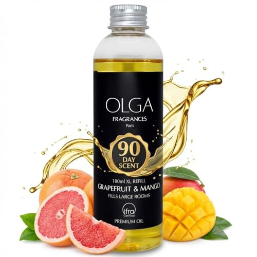 OLGA Grapefruit & Mango Reed Diffuser Refill – 180ml Strong Fragrance Oil | Long-Lasting Luxury Refill for Diffuser Bottles – Sweet, Fresh & Bold Large Room Aroma Up to 90 Days – Reeds Not Included
