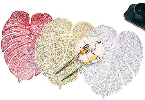 12x Tovagliette Centrini Natalizi Rossi, Sottopiatti Natalizi in PVC, Set di Tovagliette Natalizie Tonde FOGLIE Decorazione tavola Natale 39x50 cm lavabili riutilizzabili (Rosso)