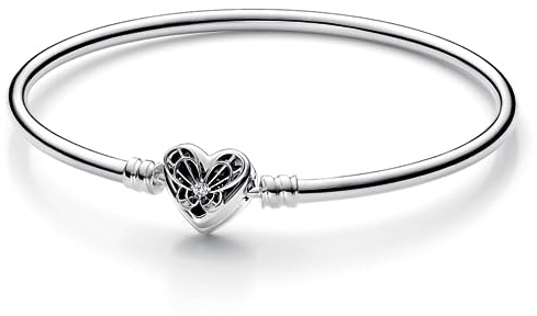 PANDORA Sterling Silver Bangle with Heart Clasp, Size 17