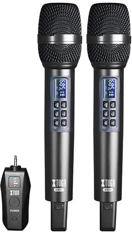 XTUGA D900 Drahtloses Mikrofon Dual UHF Multifunktionales Mikrofon Echo und Bass mit abnehmbarem Mini-Empfänger 3,5 mm umwandelbar auf 6,35 mm Ausgang für Stereo und Laptop