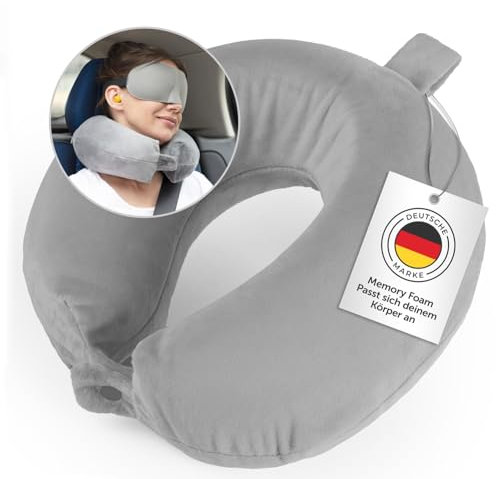 Blumtal Nackenkissen für unterwegs - Reisekissen mit waschbarem Bezug, inkl. Schlafmaske & Ohrstöpsel - Travel Essentials für Flugzeug, Zug, Auto, Camping oder Zuhause - Grau