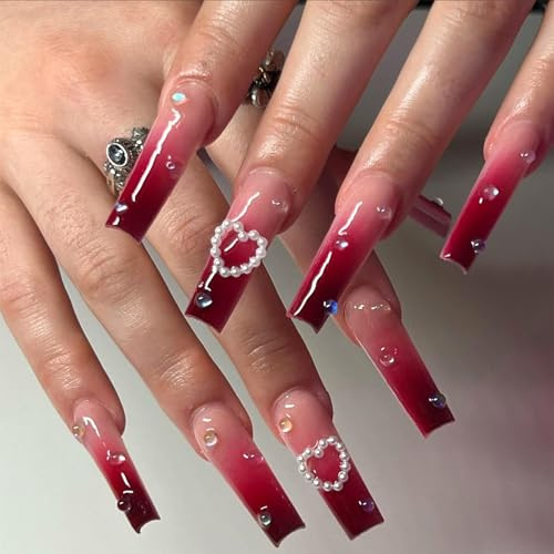 Angwis 24pcs Long Coffin False Nails Burgundy Ombre Stick on Nails 3D Heart Design Ballerina Press on Nail with Mini Pearls Removable Glue-on Acrylic Full Cover Fake Nail Art Accessories for Women