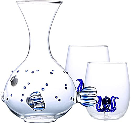 AttreX Décanteur de whisky Décanteur de poisson Puffer avec 2 coupes de pieuvre, décanteur d'aération de vin de qualité supérieure, carafe à vin, fabriqué à la main, décanteurs d'alcool