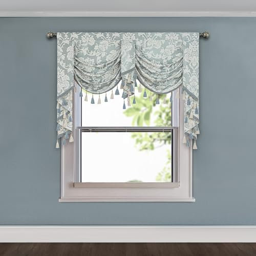 TOPLUXE Swag Valance for Windows, Damask Waterfall Valance with Tassels, Short Curtain for Bedroom Living Room Kitchen, Rod Pocket (Width 150cm, Green)