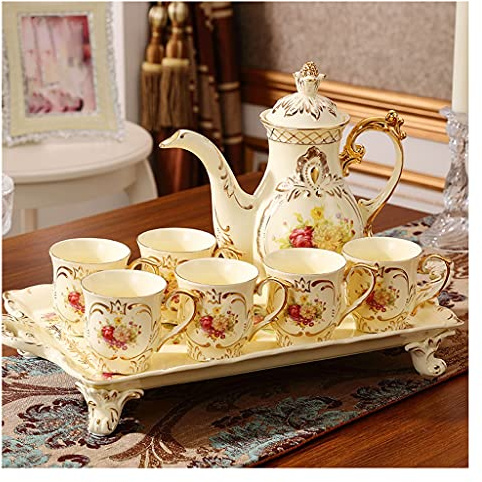 iumLeap Tazze da caffè squisite tazze da tè in porcellana da 226,8 g e piattino servizio per 6, con teiera, zuccheriera, crema, brocca, cucchiaini, colino da tè/oro (oro)