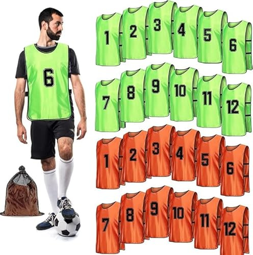 Soccer Pinnies, Trainingswesten in 2 leuchtenden Farben, nummerierte Übungs-Trikots für Erwachsene, Fußball, Basketball, Fußball, Volleyball, Orange und Grün, 24 Stück, Orange/Grün, 43 x 63 cm