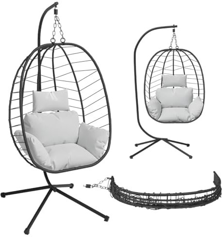 STEELSØN Hängesessel mit Gestell Alarian, höhenverstellbar und faltbar, Balkonsessel Outdoor und Indoor, Korbhängesessel aus Polyrattan mit Kissen hellgrau/schwarz