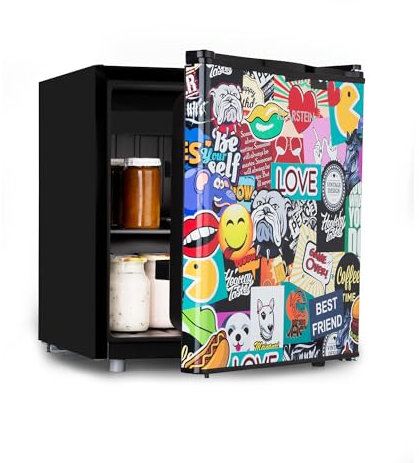 KLARSTEIN Cool Vibe - Frigorifero, Classe Energetica E, VividArt Concept: Sportello Con Stampa Piena di Coloratissimi Adesivi, Vano Freezer, Forma per Cubetti, Rumorosità: 42 dB, Volume: 48 L, Nero