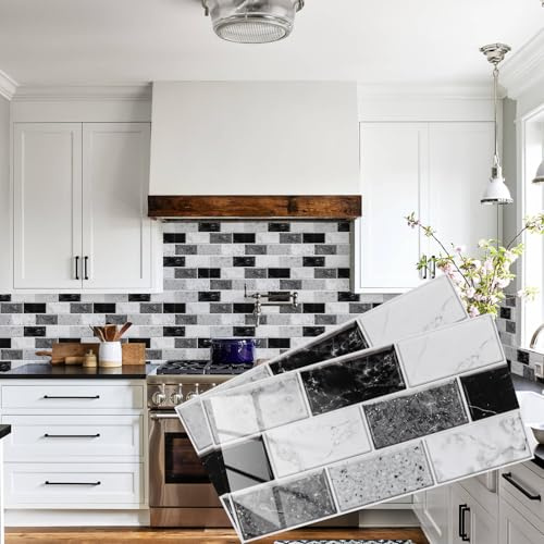 Abyssaly Black/White Brick Self Adhesive Wall Tile Stickers for Kitchen | 15x30cm White Stick on Tiles Peel and Stick on Tiles for Home Decor DIY Bathroom, Backsplash, 12pcs