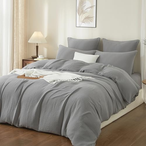 Boqingzhu Doppelte Muslin Bettwäsche 220×240 cm Grau Anthrazit Baumwolle – Temperaturregulierend Atmungsaktiv Weich– Winter Sommer Bettbezug mit Reißverschluss & 2X Kissenbezug 80x80