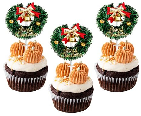 Xsstarmi 12 Pack Christmas Wreath Cupcake Toppers with Bow Tie Green Grass Circle Christmas Bells Cupcake Picks for Baby Shower Birthday New Year Holiday Party Cake Decoration Supplies