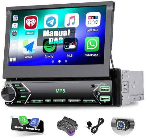 CAMECHO DAB Autoradio 1 Din mit 7 Zoll Manuell Ausfahrbarem Bildschirm, 1 Din Flip Out Touch Autoradio mit Wireless Carplay Android Auto Bluetooth USB Typ-C FM EQ SWC + Rückfahrkamera&MIC