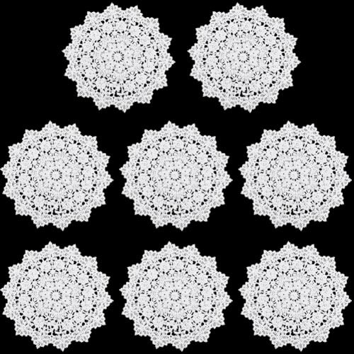CREATCABIN 8 Stück Spitzendeckchen Gehäkelte Tischsets Spitze Handgefertigte Spitzenuntersetzer Runde Weiße Blumenstickerei Tassenmatten Aus Polyester Esstischdeckchen Dekoration Für Küche 15x15cm