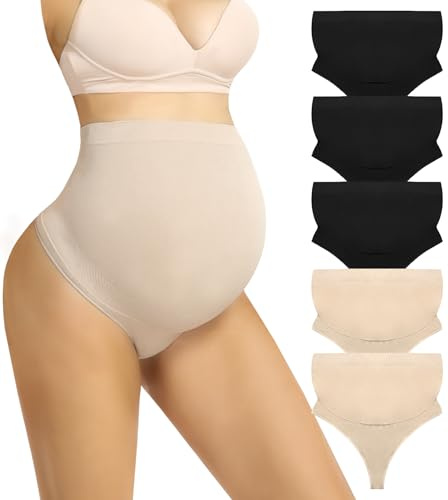 Boguish Maternity Underwear Thong for Women, Pregnancy Shapewear Over The Belly Support Seamless Pregnant Panties 5-Pack Black/Nude